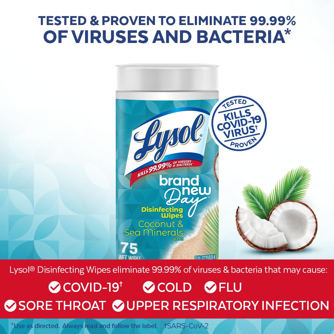Lysol Disinfecting Wipes, Thick Cleaning Wipes with Micro-Pocket Pattern for Home & Electronics, Kills 99.9% of Germs, Removes Allergens, Coconut & Sea Minerals Scent, 6 X 75 Count (450 Total Wipes) 🍁 All In One Marketplace Canada
