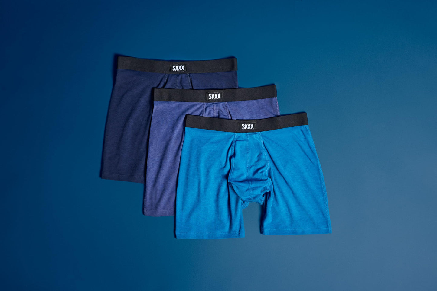 SAXX Underwear Co. Men's Core Cotton Boxer Brief Fly 3-Pack, Lake Blue/Deep Cobalt/Navy, Large