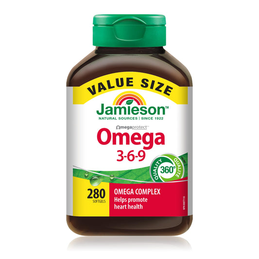 Jamieson Omega 3-6-9 Softgels, Value Size, with Fish Oil, Borage Oil, Flaxseed Oil, Providing EPA, DHA, and ALA. Supports Heart and Brain Health, 280 Count, Proudly Canadian - Available at All In One Marketplace Canada