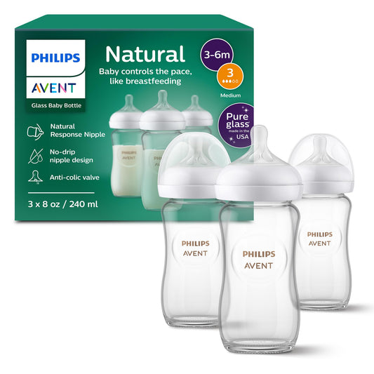 Philips Avent Natural Glass Baby Bottles with Natural Response Nipples (Medium Flow, Flow 3), 8oz, 3-pack, SCY913/03