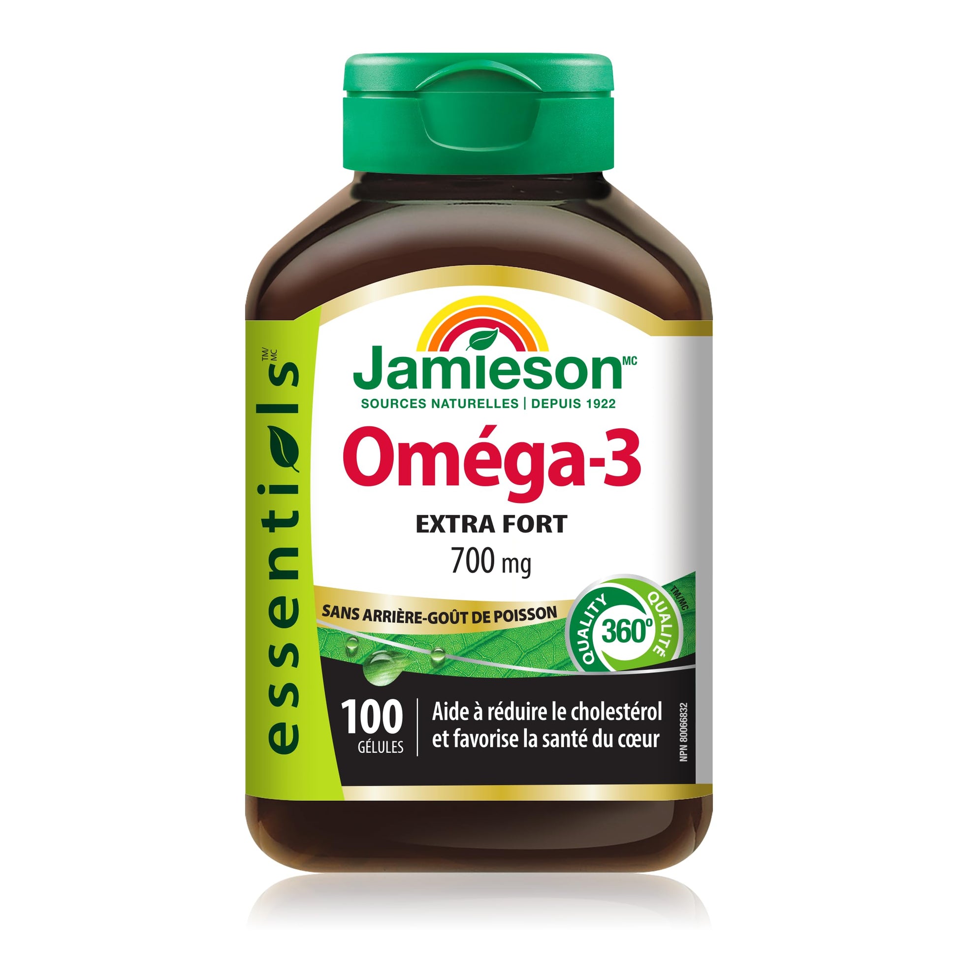 Jamieson Extra Strength Omega-3 700 mg, No Fishy Aftertaste, Supports Heart, Brain, and Eye Health, Arthritis Support. With EPA and DHA, Non-GMO, Gluten-Free, 100 Softgels, Proudly Canadian Jamieson