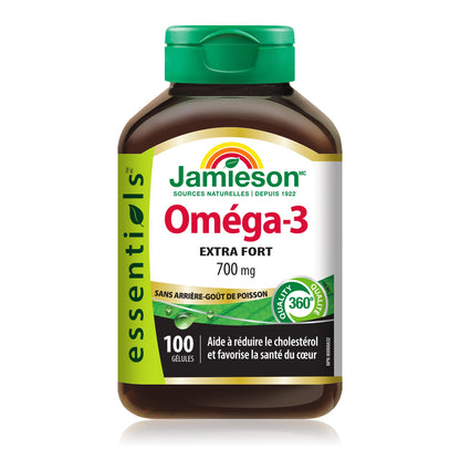 Jamieson Extra Strength Omega-3 700 mg, No Fishy Aftertaste, Supports Heart, Brain, and Eye Health, Arthritis Support. With EPA and DHA, Non-GMO, Gluten-Free, 100 Softgels, Proudly Canadian Jamieson