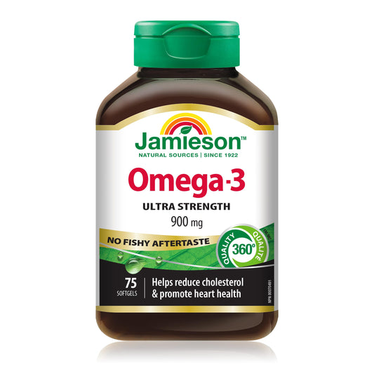 Jamieson Ultra-Strength Omega-3 900 mg, No Fishy Aftertaste, Supports Heart, Brain, and Eye Health, Arthritis Support. High Potency, with EPA and DHA, Non-GMO, Gluten-Free, 75 Softgels, Proudly Canadian - Available at All In One Marketplace Canada