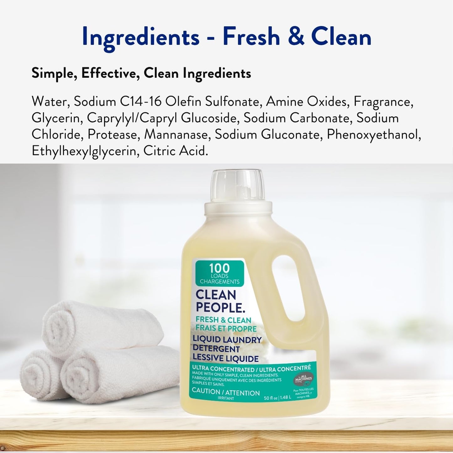 The Clean People Liquid Laundry Detergent - Recyclable Packaging, Stain Fighting - Ultra Concentrated, Laundry Soap (50 Fl Oz, Fresh Scent) - Available at All In One Marketplace Canada