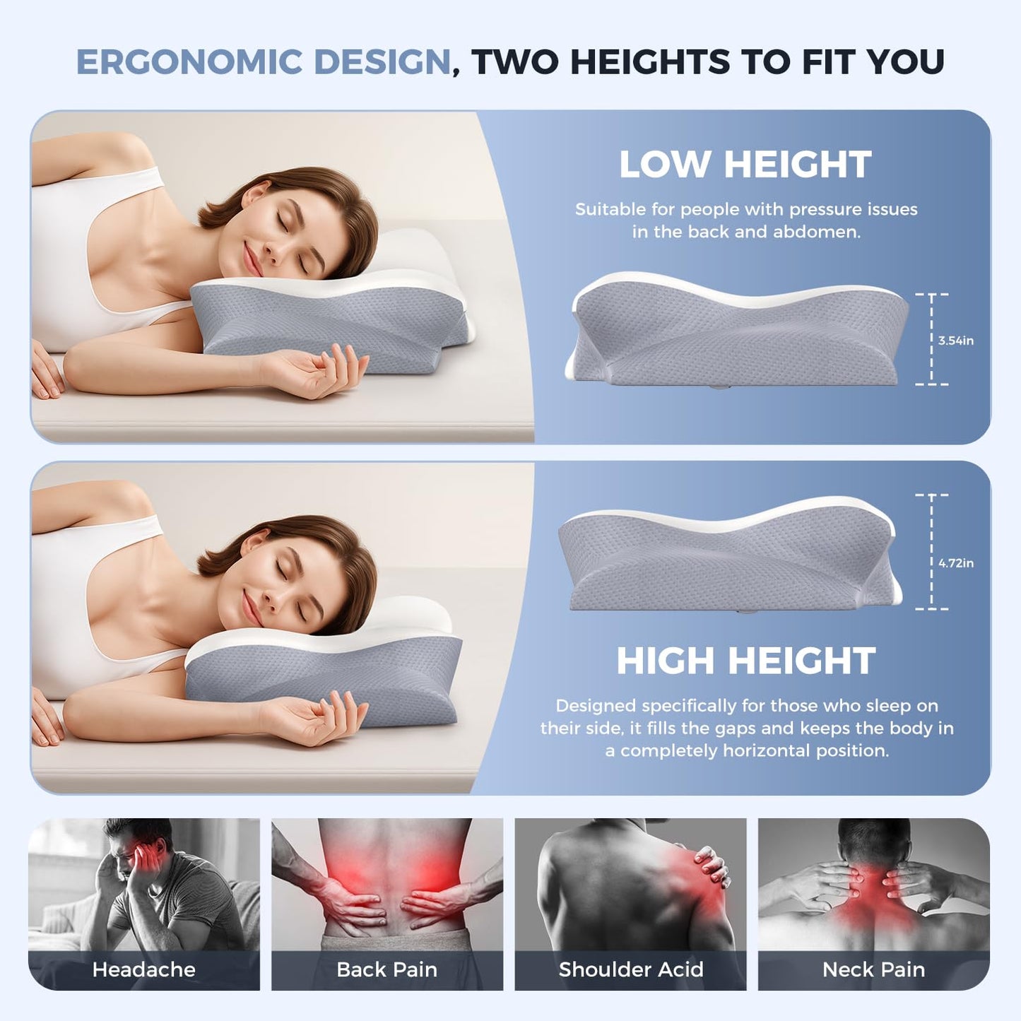 Missleep Cervical Neck Pillow,Memory Foam Pillows for Relieving Neck and Shoulder Pain, Neck Support Pillow for Side Sleepers, 2 Heights Ergonomic Pillow with Breathable Ice Silk Cover White - Available at All In One Marketplace Canada