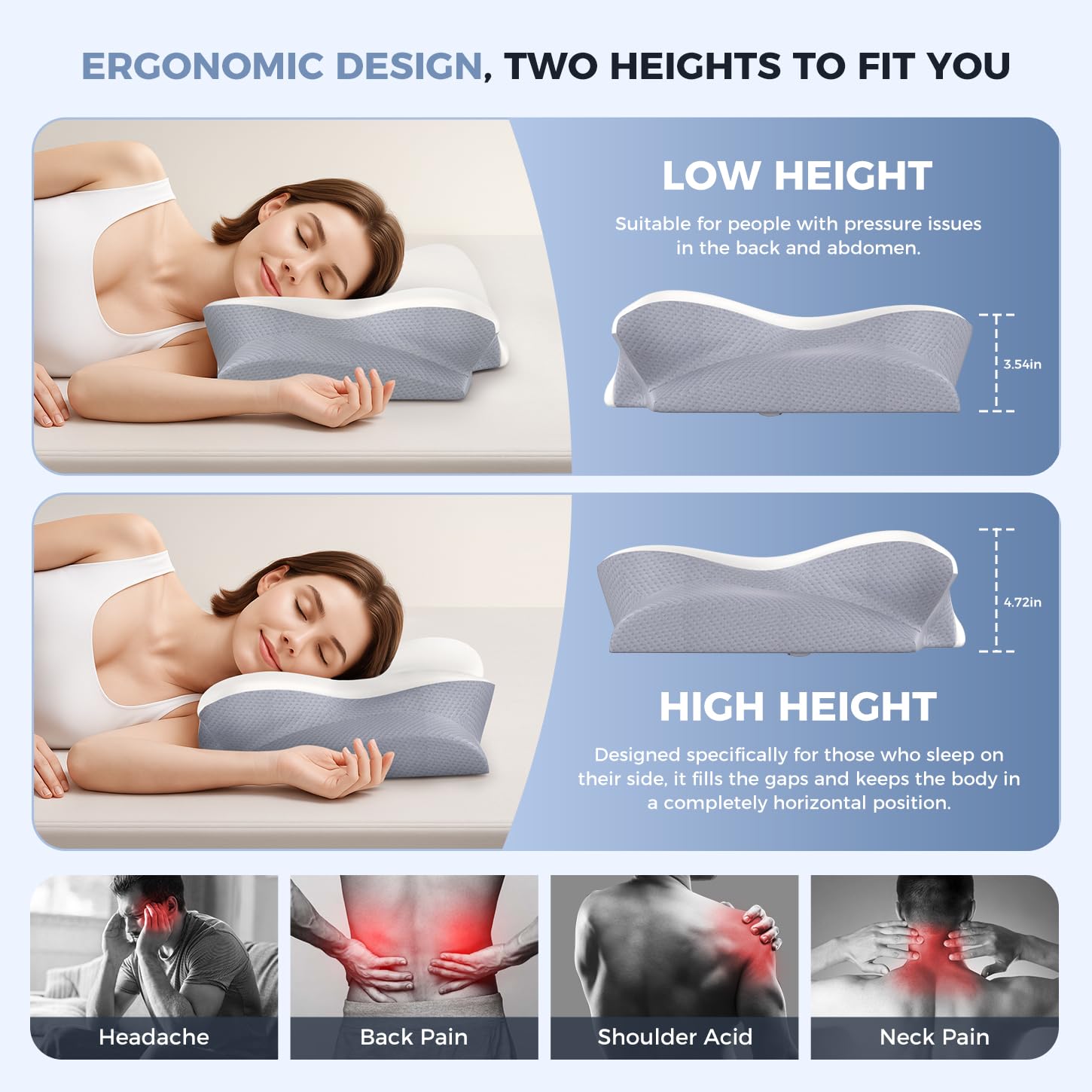 Missleep Cervical Neck Pillow,Memory Foam Pillows for Relieving Neck and Shoulder Pain, Neck Support Pillow for Side Sleepers, 2 Heights Ergonomic Pillow with Breathable Ice Silk Cover White - Available at All In One Marketplace Canada