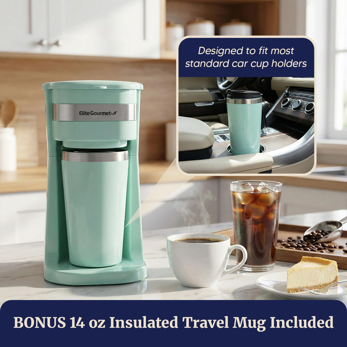 Elite Gourmet EHC113M Personal Single-Serve Compact Coffee Maker Brewer Includes 14Oz. Stainless Steel Interior Thermal Travel Mug, Compatible with Coffee Grounds, ReCaable Filter, Mint