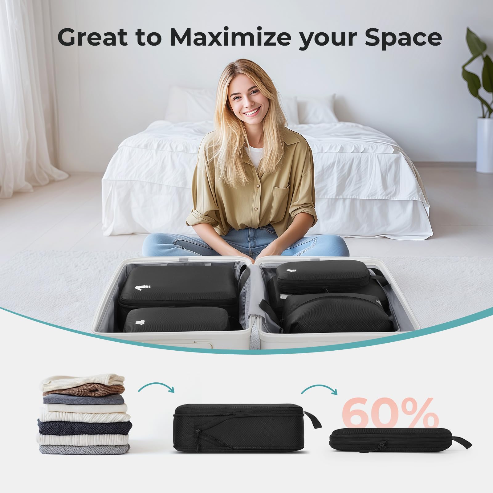 Compression Packing Cubes for Suitcases, Ultralight Packing Cubes for Backpack Waterproof Luggage Packing Organizers Expandable Packing Cubes for Travel Accessories and Essentials 8 Set Black