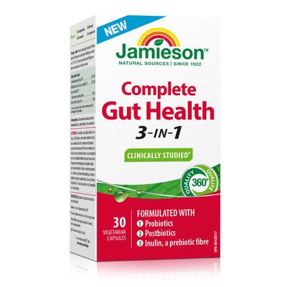 Jamieson Complete Gut Health 3-in-1, 30 Capsules, with Prebiotic Inulin, Probiotics, & Postbiotics. Supports Digestive Health. Reduces Bloating & the Incidence of Cold & Flu Symptoms in Winter Months 🍁 All In One Marketplace Canada