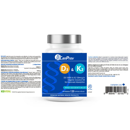 CanPrev D3 & K2 Vitamins 120 Softgels, 120-Day Supply, 1000IU Vitamin D3 & 120mcg K2, Supports Strong Bones, Teeth & Heart Wellness, Easy-to-Absorb with Organic Coconut Oil, No GMO, Gluten, Soy, Dairy