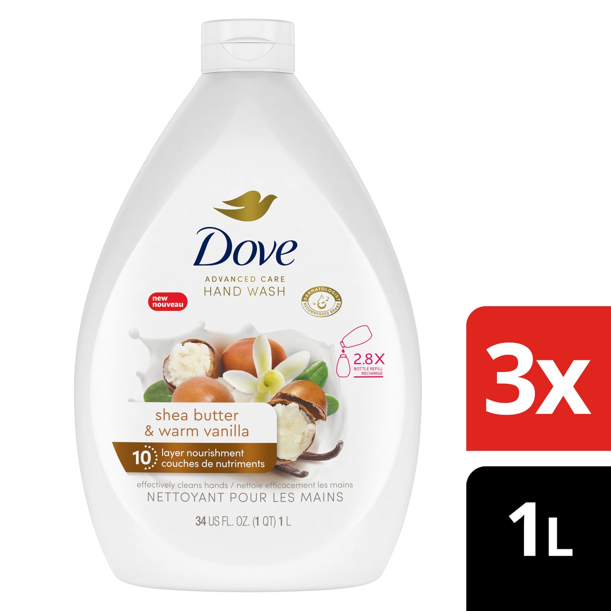 Dove Advanced Care Shea Butter & Warm Vanilla Hand Wash for soft, smooth skin, Bottle Refill nourishes skin 10 layers deep, 1 L (Pack Of 3) Dove