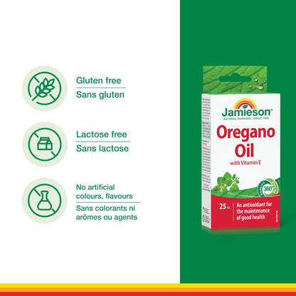 Jamieson Oregano Oil Liquid, with Vitamin E. Supports Immune Health, Antioxidant, Gluten-Free, Lactose-Free, 25 mL, Proudly Canadian