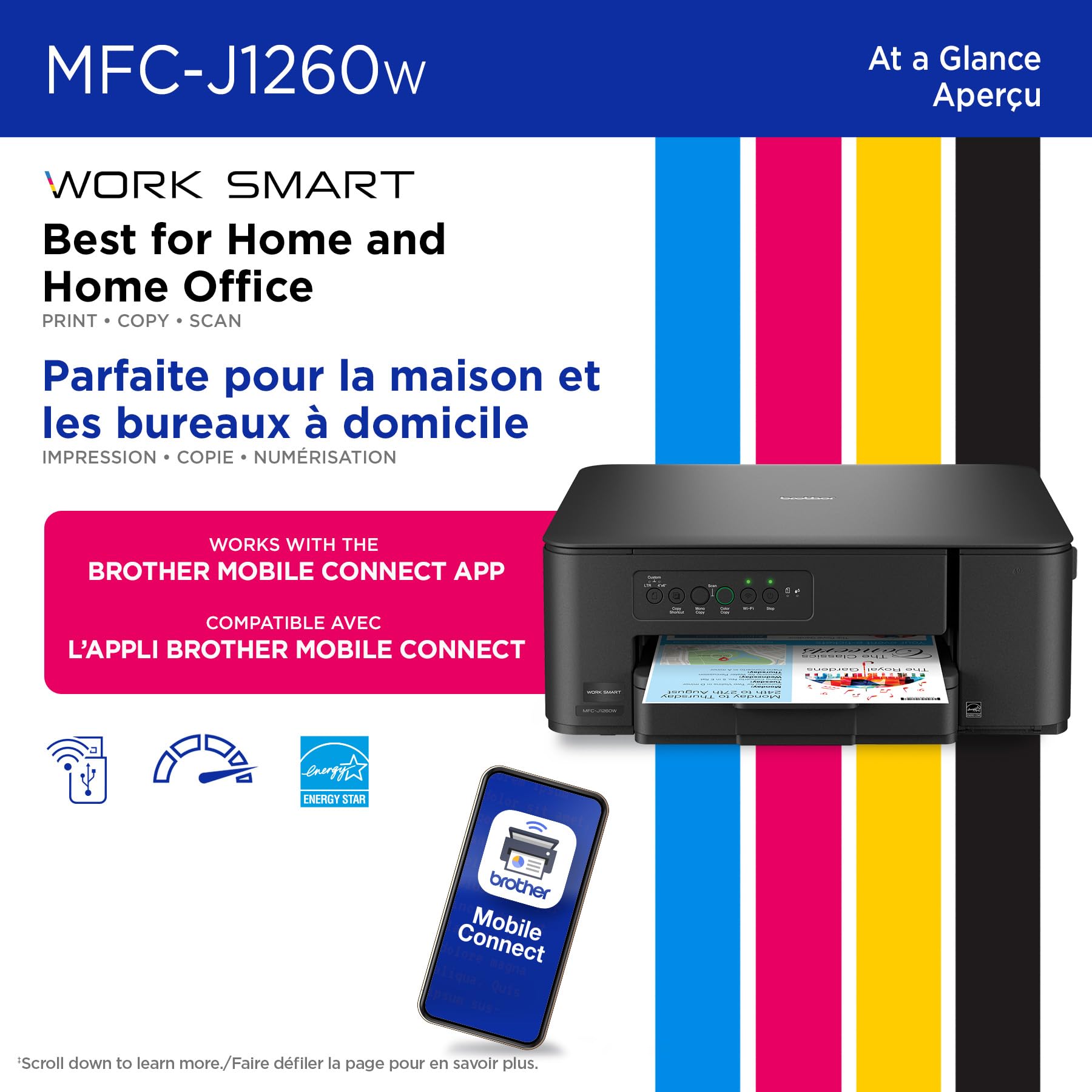 Brother MFC-J1260W Work Smart Wireless Colour Inkjet All-in-One Printer Scanner Copier for Home Office 150-Sheet Tray 16ppm Black 9ppm Colour with LC501 Starter Ink (MFCJ1260W)