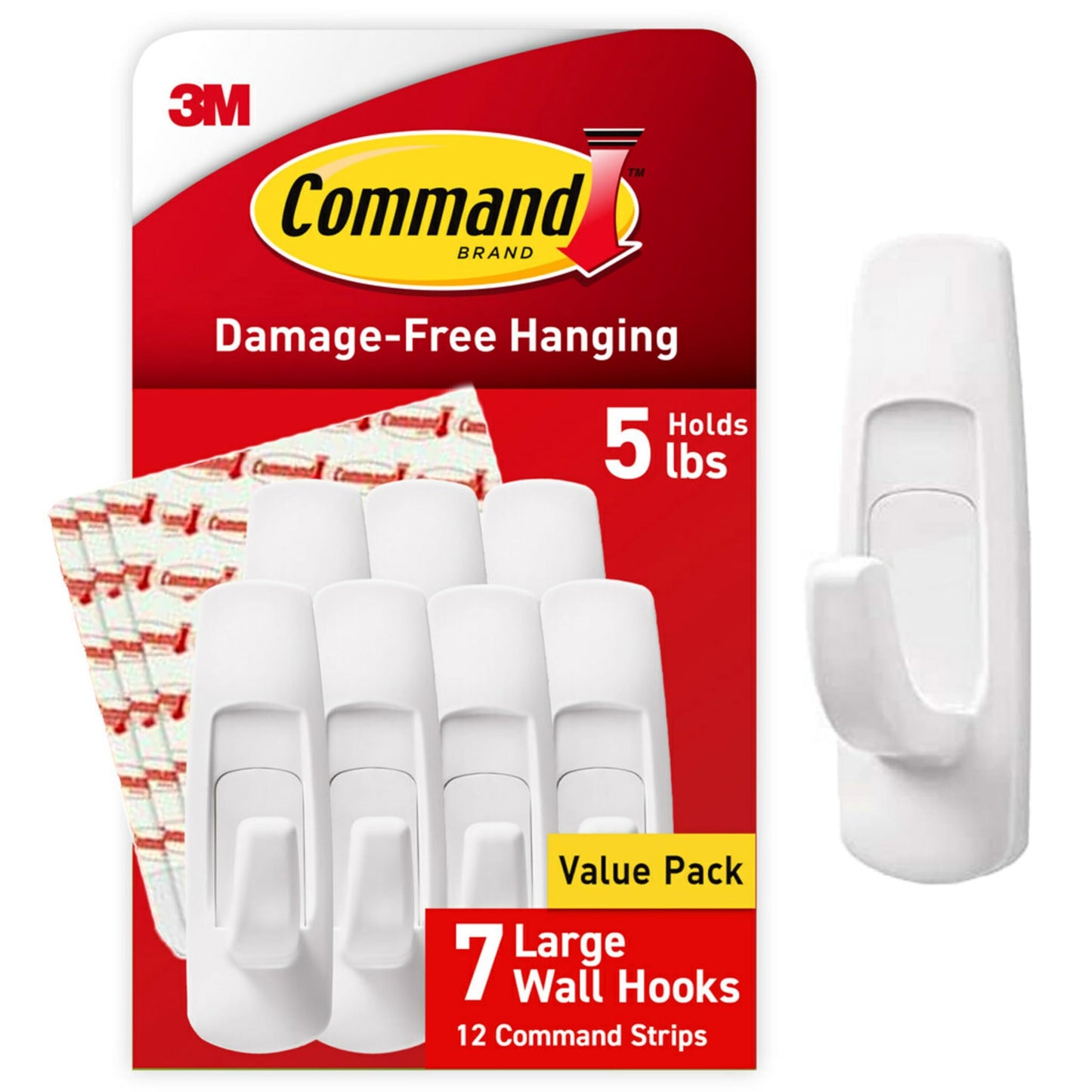 Command Large Utility Hooks, Damage Free Hanging Wall Hooks with Adhesive Strips, No Tools Wall Hooks for Hanging Back to School Dorm Organizers, 7 White Hooks and 12 Command Strips