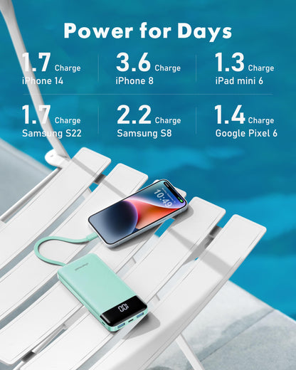 Charmast Portable Charger with Built in Cables, Power Bank with Cords Wires, Slim 10000mAh Travel Battery Pack 6 Outputs 3 Inputs 3A Fast Charging for Samsung Google Pixel LG Moto iPhone iPad - Available at All In One Marketplace Canada
