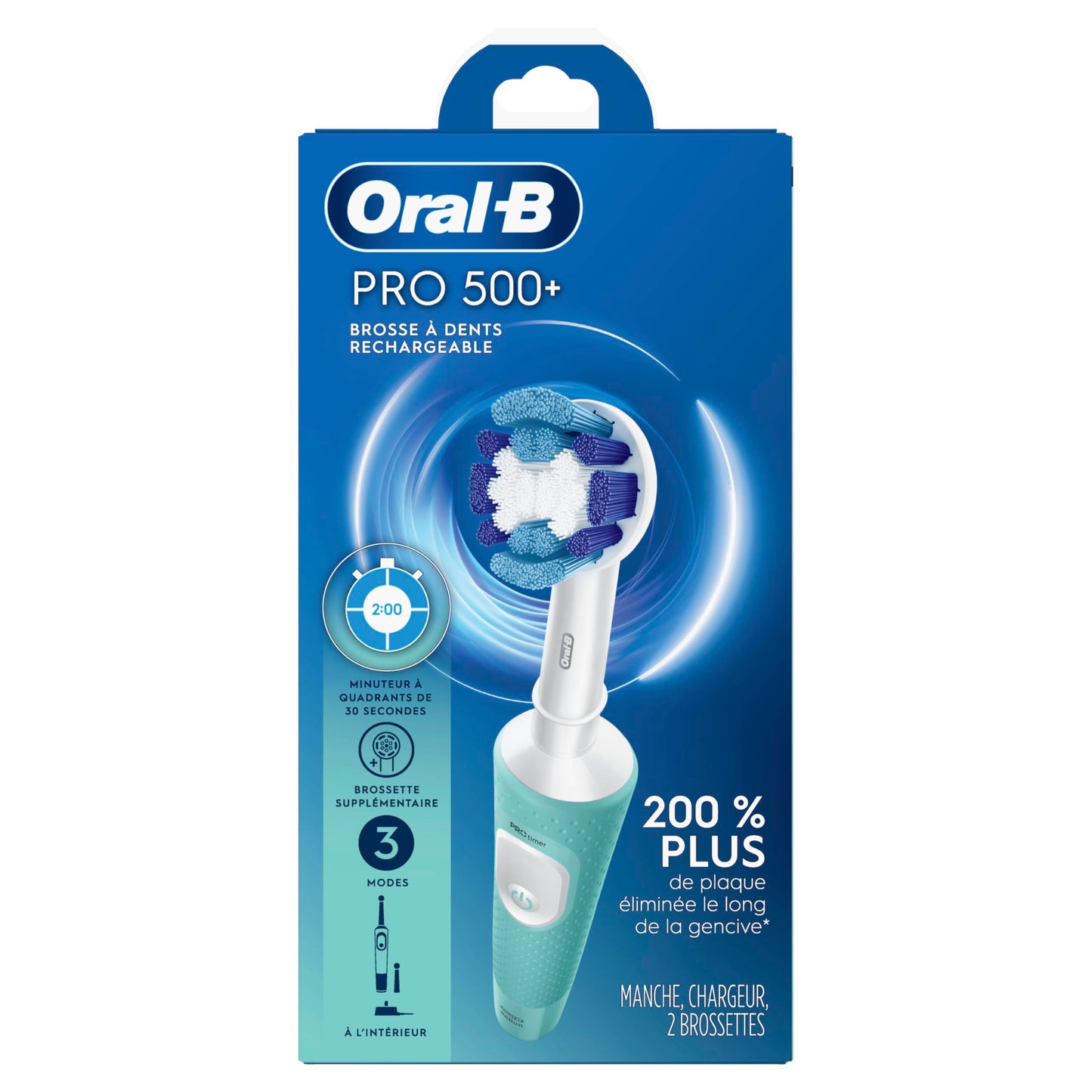 Oral-B Pro 500 + Electric Toothbrush with (1) Precision Clean Brush Head and (1) Sensitive Clean Brush Head, Rechargeable, Mint - Available at All In One Marketplace Canada