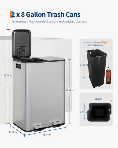 GarveeHome 2x8 Gallon Stainless Steel Dual Trash Can with Lid, Large Kitchen Step-on Garbage and Recycle Bin Combo, Metal Double Trash Can with PP Inner Buckets & Liner Rim for Kitchen Waste Sorting GarveeHome