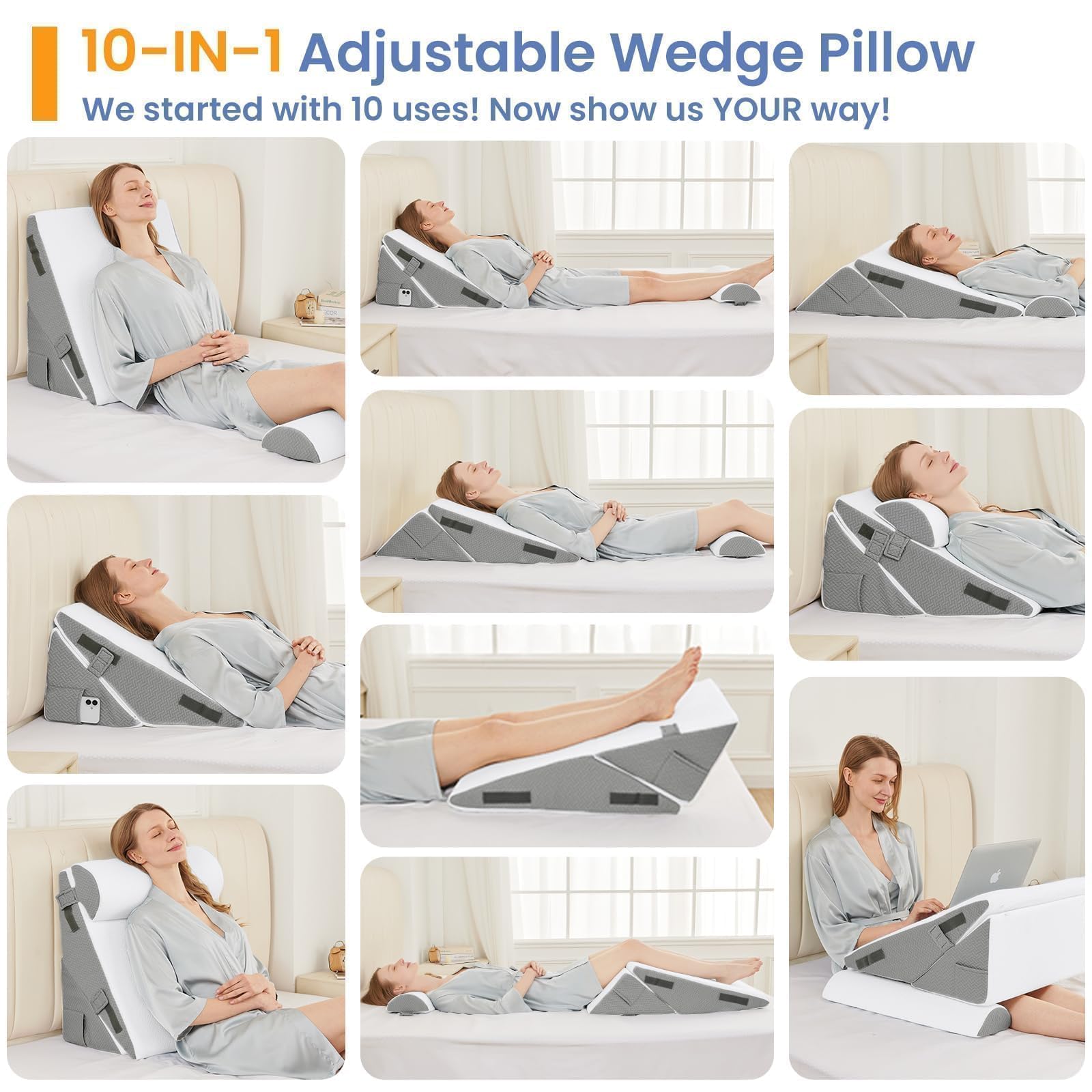 Sasttie Wedge Pillows for Adult, 2PCS Adjustable Bed Wedge Pillow for Post Surgery, Triangle Pillow Headboard with Bolster Cushion for Sleeping, Acid Reflux, Neck & Back Support, White and Dark Grey - Available at All In One Marketplace Canada