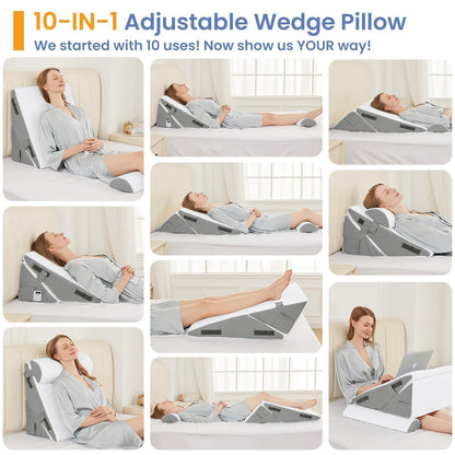 Sasttie Wedge Pillows for Adult, 2PCS Adjustable Bed Wedge Pillow for Post Surgery, Triangle Pillow Headboard with Bolster Cushion for Sleeping, Acid Reflux, Neck & Back Support, White and Dark Grey - Available at All In One Marketplace Canada