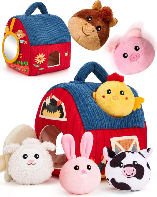 hahaland Montessori Baby Toys 6-12 Months - Surprise Barn with Stuffed Farm Animals Toys for Babies with Rattle & Mirror, Sensory Toys for Babies Boy Girl, Travel Toys for Toddlers 1-3 - Available at All In One Marketplace Canada