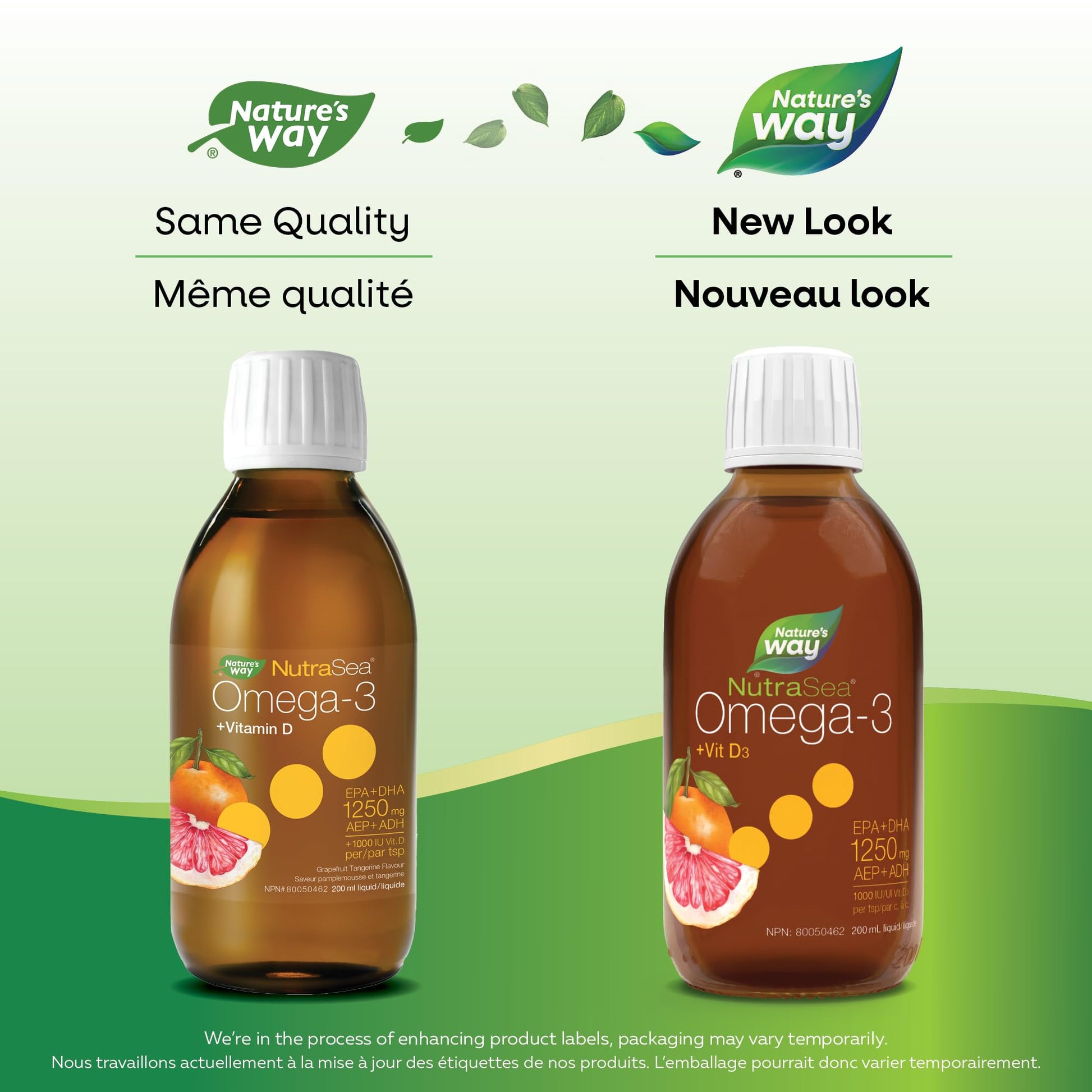 Nature's Way NutraSea Omega 3 + Vitamin D Fish Oil Liquid Supplement – Grapefruit Tangerine Flavour – 1250mg EPA & DHA + 1000IU D3, 200 mL Nature's Way