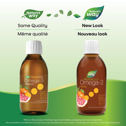 Nature's Way NutraSea Omega 3 + Vitamin D Fish Oil Liquid Supplement – Grapefruit Tangerine Flavour – 1250mg EPA & DHA + 1000IU D3, 200 mL Nature's Way
