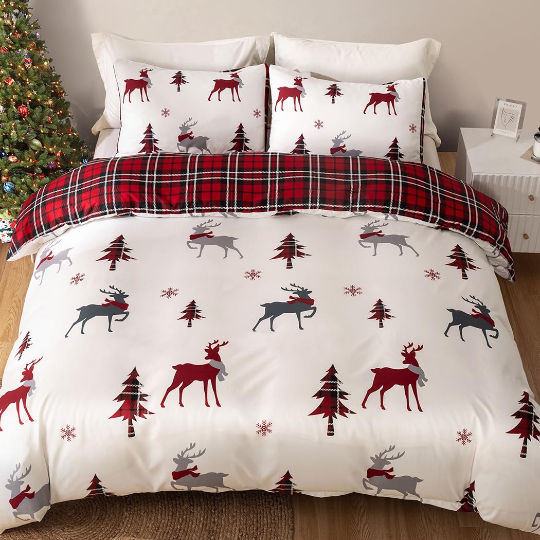 Conworld Christmas Duvet Cover Queen Size Set, Soft Reversible Red Plaid Reindeer Snowflake Printed Holiday Bedding Set with Zipper Closure, Corner Ties, 2 Pillowcases, 1 Duvet Cover 90x90 inches 🍁 All In One Marketplace Canada