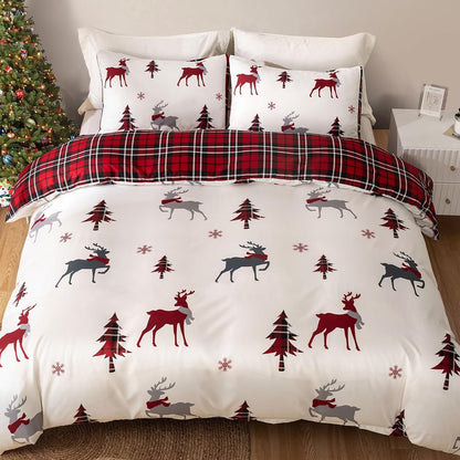 Conworld Christmas Duvet Cover Queen Size Set, Soft Reversible Red Plaid Reindeer Snowflake Printed Holiday Bedding Set with Zipper Closure, Corner Ties, 2 Pillowcases, 1 Duvet Cover 90x90 inches 🍁 All In One Marketplace Canada