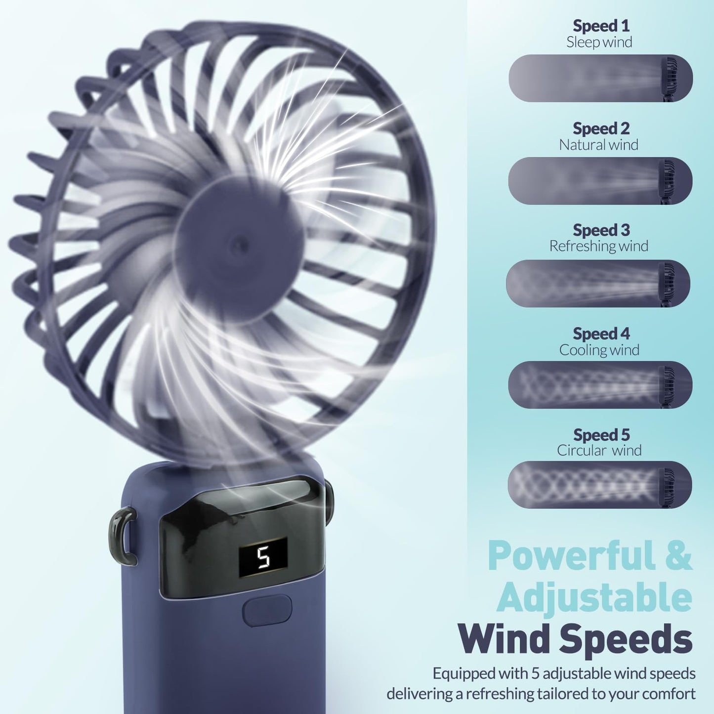 Portable Handheld Fan Rechargeable Small Fan 5 Speeds with Lanyard and Base USB Desk Fan Foldable Quiet Personal Fan with LED Display for Office, Home, Travel, Outdoor - Available at All In One Marketplace Canada