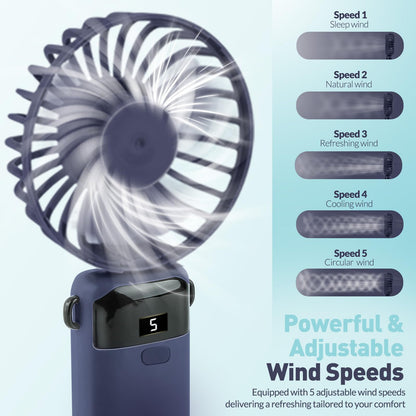 Portable Handheld Fan Rechargeable Small Fan 5 Speeds with Lanyard and Base USB Desk Fan Foldable Quiet Personal Fan with LED Display for Office, Home, Travel, Outdoor - Available at All In One Marketplace Canada