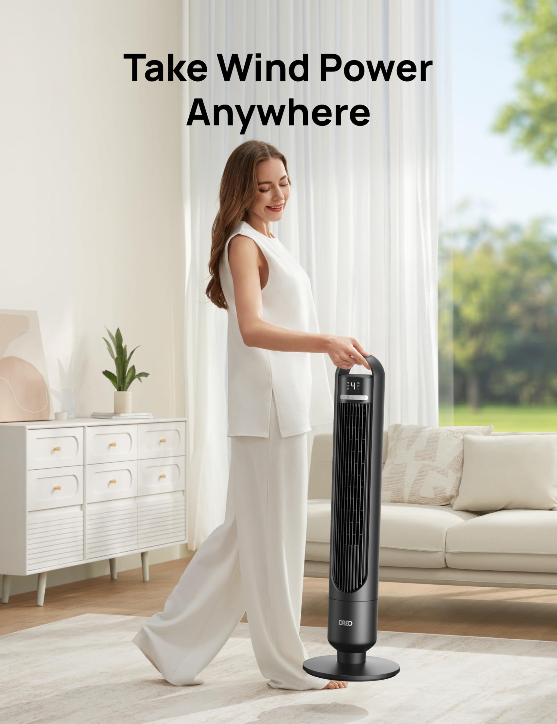 DREO Tower Fan for Bedroom, 90° Oscillating Standing Fans for Room with 4 Speeds, 3 Modes, 28dB Quiet for Sleep, 26ft/s Velocity, 8H Timer, Remote, Living Room, Office, Home, Black