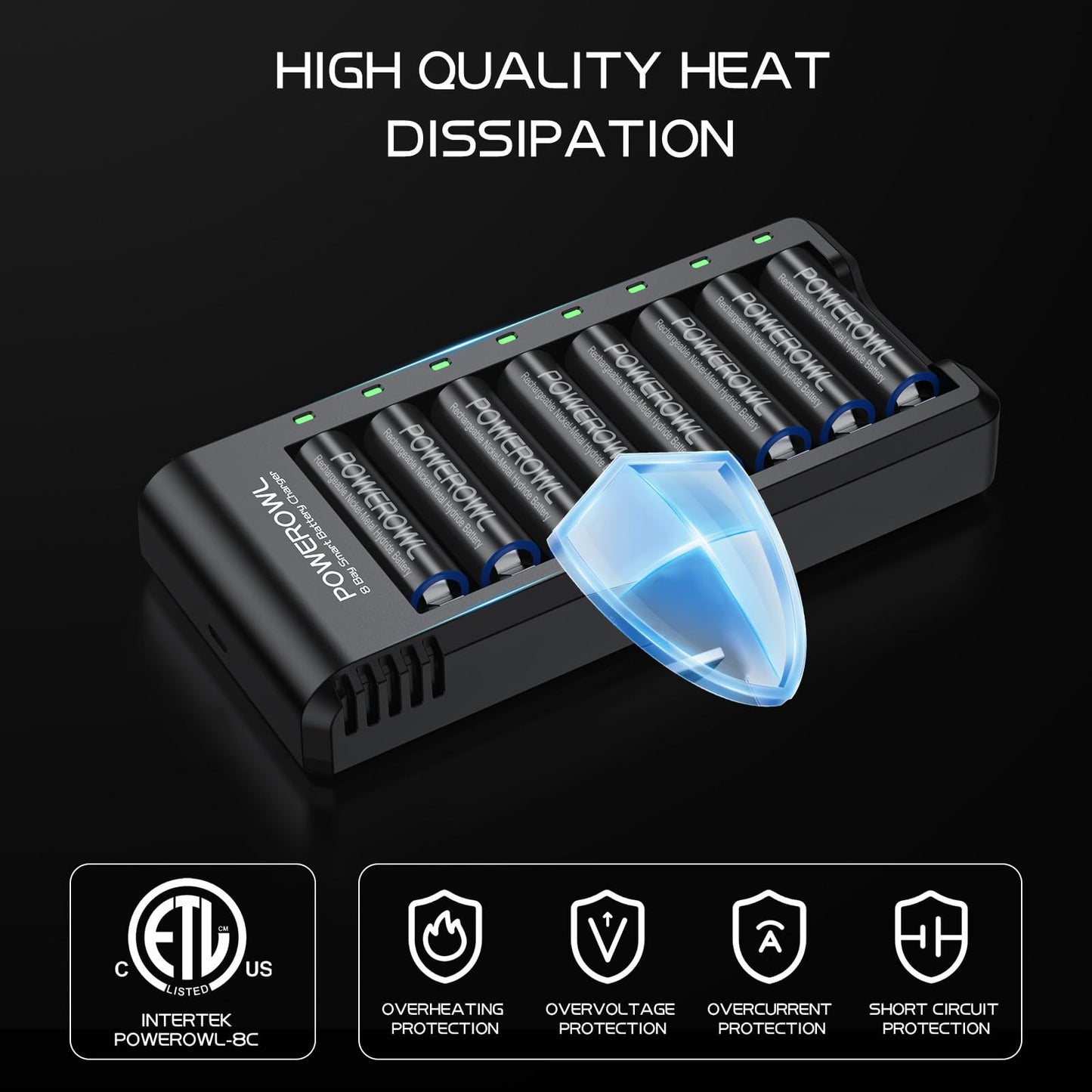 POWEROWL 8 Bay AA AAA Battery Charger for Ni-MH Rechargeable Batteries (No Adapter)