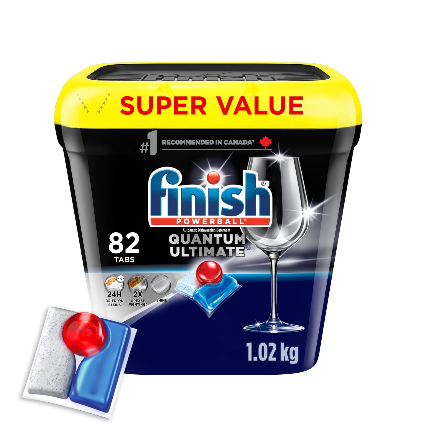 Finish Quantum Ultimate Dishwasher Detergent Pods, 3-Chamber Formula with Powerball, 2X Grease Fighting*, 24H Dried-On Stains, Deep Clean, Virtually Spotless Shine, No Pre-Rinse, 82 Tabs
