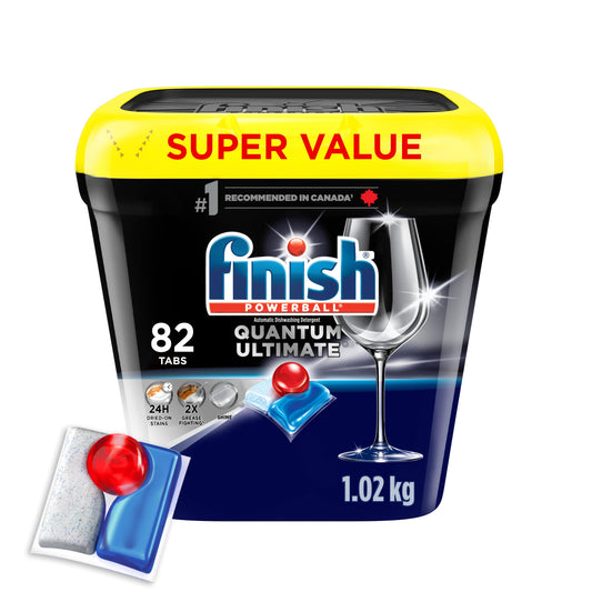 Finish Quantum Ultimate Dishwasher Detergent Pods, 3-Chamber Formula with Powerball, 2X Grease Fighting*, 24H Dried-On Stains, Deep Clean, Virtually Spotless Shine, No Pre-Rinse, 82 Tabs