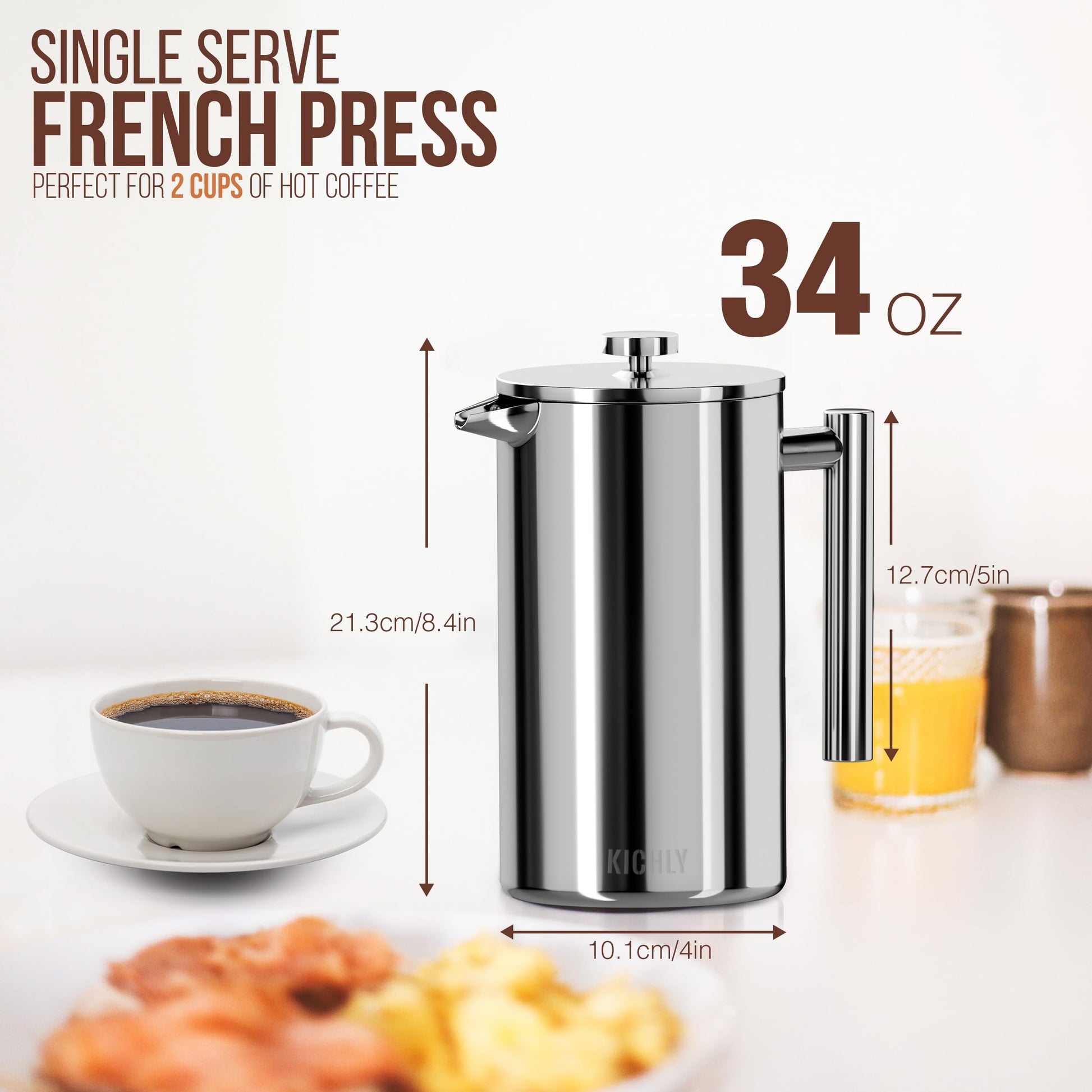 KICHLY 34 OZ French Press, Stainless Steel Double Walled Insulated Coffee Press with Refined Filters, Espresso and Tea Maker - Silver - Available at All In One Marketplace Canada