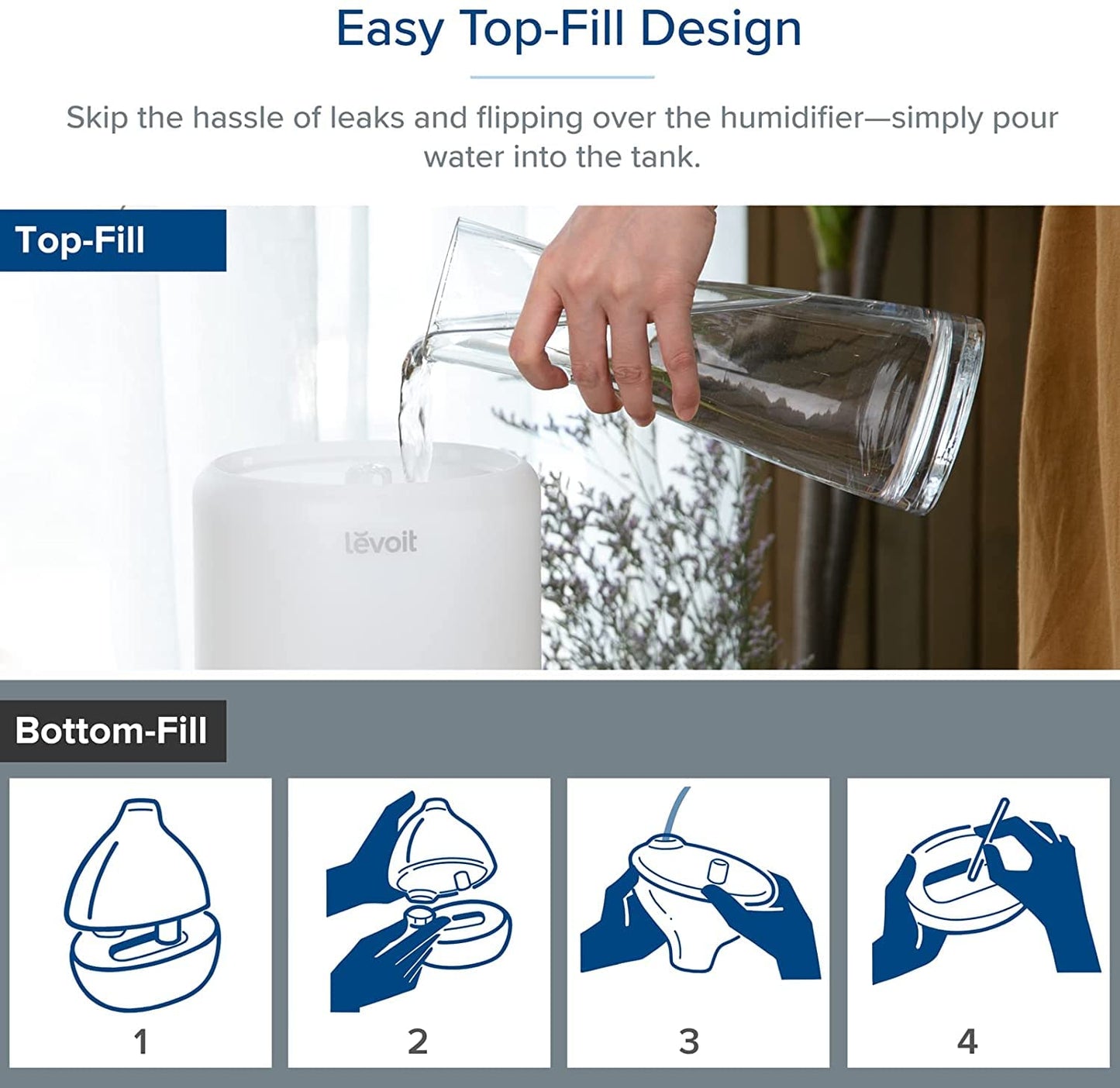Levoit Smart Humidifiers for Bedroom, Top Fill, Essential Oil Diffuser