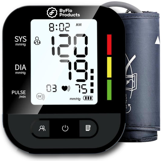 ByFloProducts Blood Pressure Monitor for Home Use – Digital Heart Rate Monitor with Backlit LCD Screen, Includes Blood Pressure Cuff, 4 AAA Batteries, Perfect Automatic Blood Pressure Machine (Black with Backlight) - Available at All In One Marketplace Canada