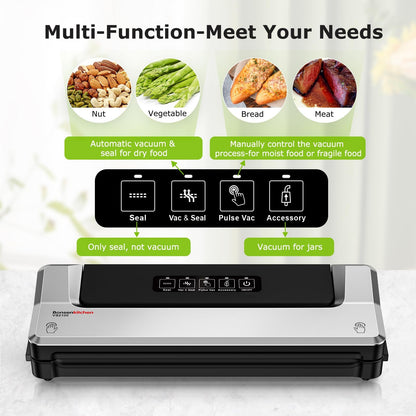 Bonsenkitchen Vacuum Sealer Machine, 90Kpa Powerful Food Sealer, Multi-Functional Food Vacuum Sealer with Vacuum Bags & Accessory Hose,Globefish Technology for High-Speed Continuous Working, Silver - Available at All In One Marketplace Canada