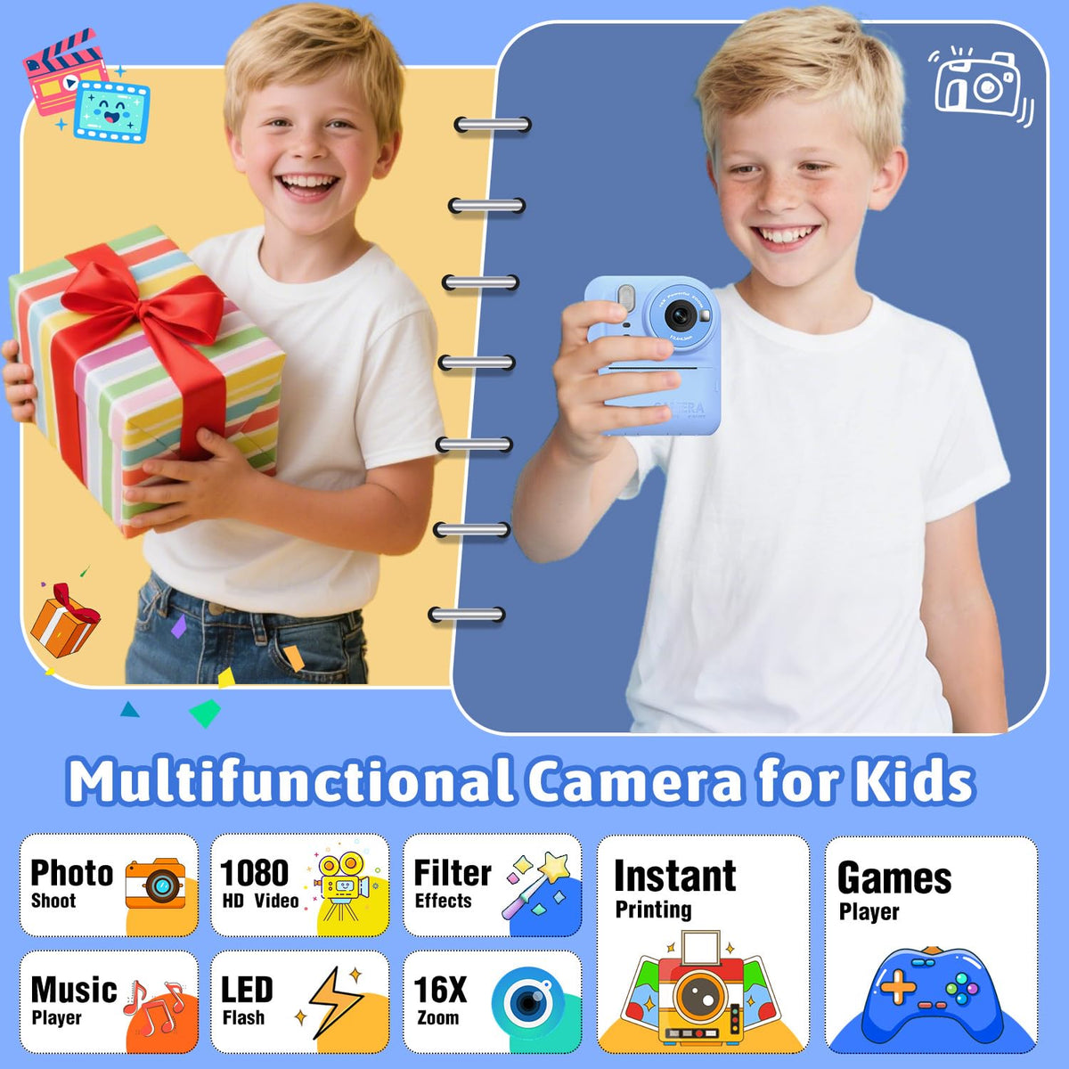 Okaloka Kids Instant Print Camera Toys,1080P HD Toddler Digital Video Camera,Christmas Birthday Gifts for Girls Boys Age 3-12 Year Old - 32G SD Card Included (Blue) 🍁 All In One Marketplace Canada