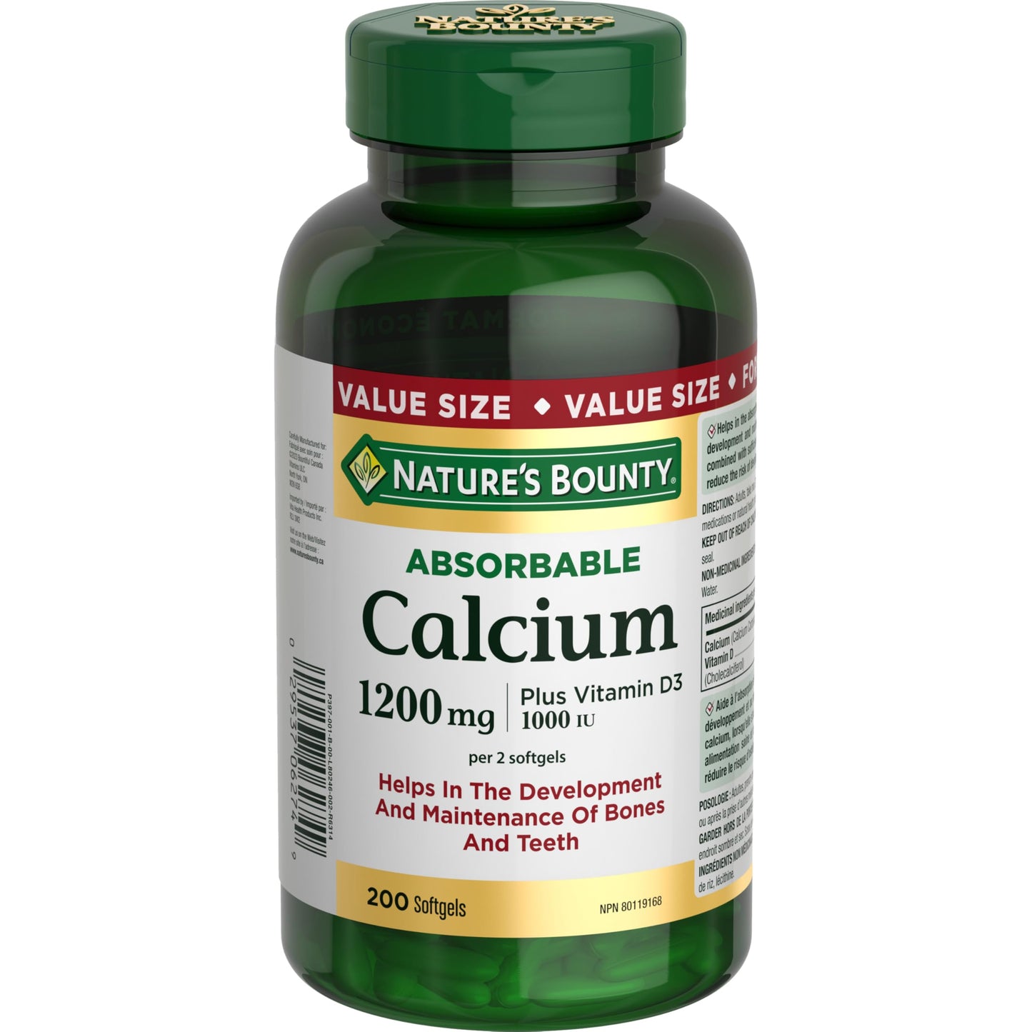 NATURE'S BOUNTY Calcium Plus Vitamin D3, Absorbable, 1200 mg, Helps Bones & Teeth, Softgels, 535 g - Available at All In One Marketplace Canada
