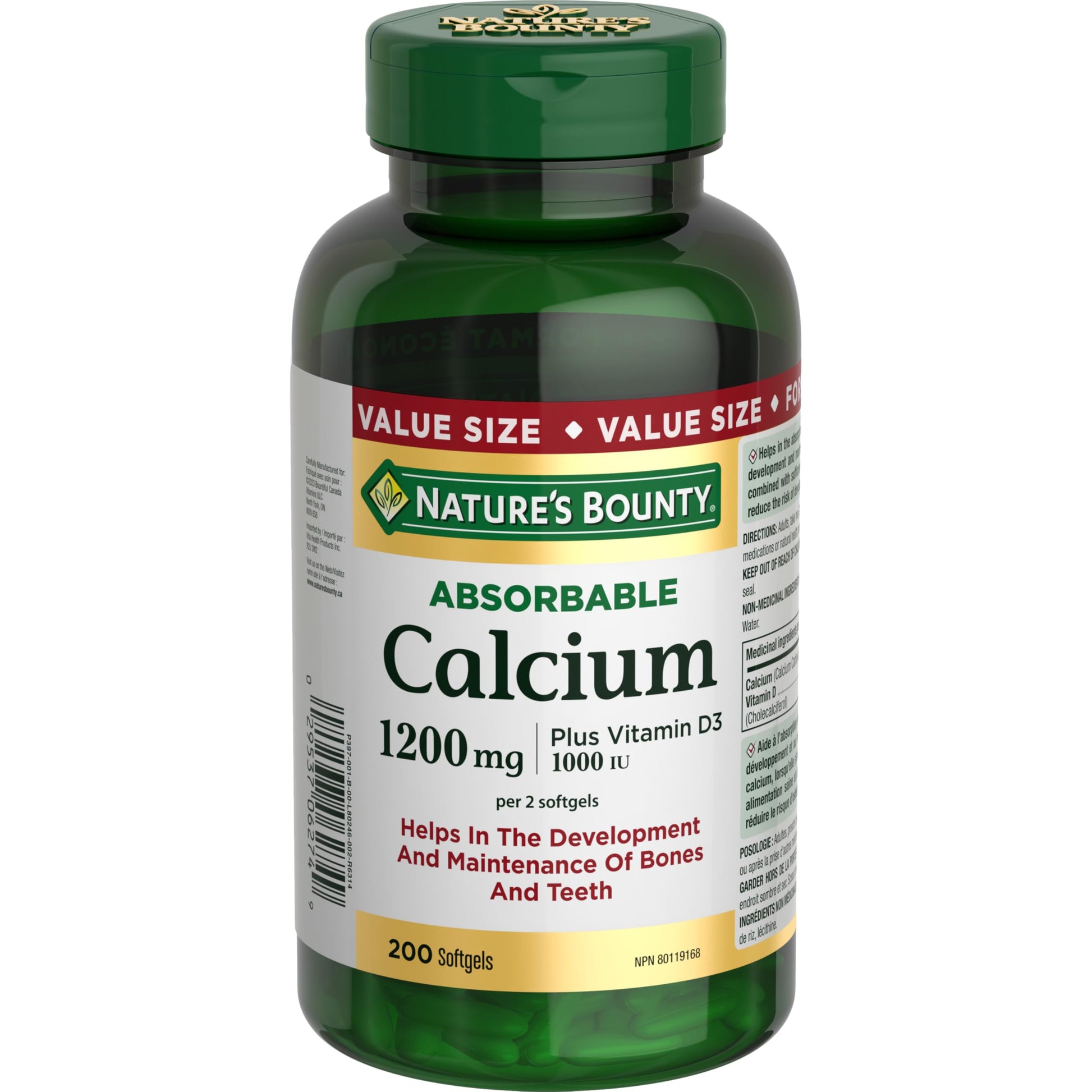 NATURE'S BOUNTY Calcium Plus Vitamin D3, Absorbable, 1200 mg, Helps Bones & Teeth, Softgels, 535 g - Available at All In One Marketplace Canada