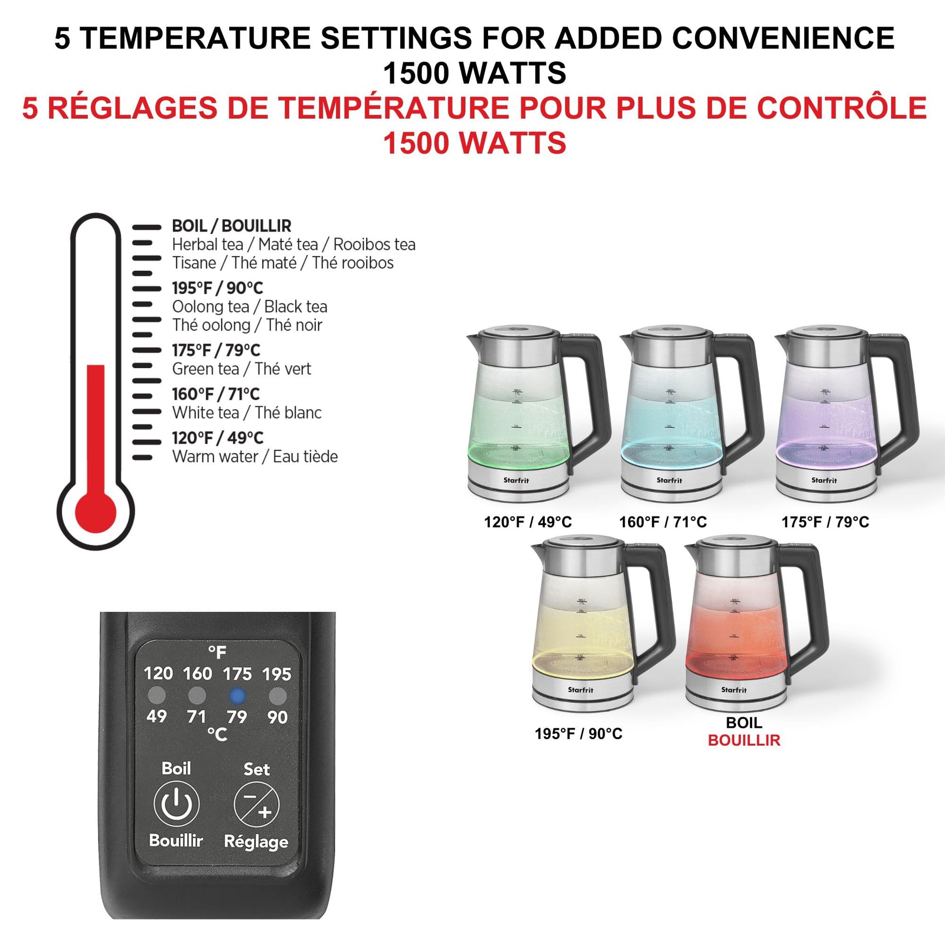 Starfrit Electric Glass Kettle, 1.7L, 5 Temperature Settings Starfrit
