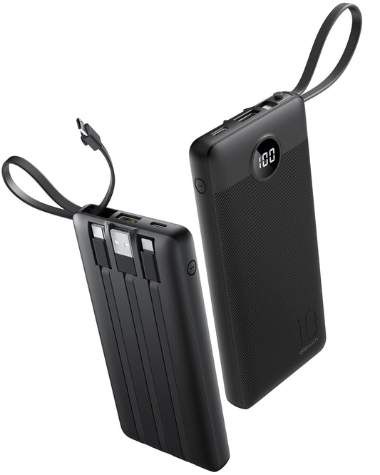 Coowisty Slim Power Bank 10000mAh, Portable Charger Built in 4 Cables