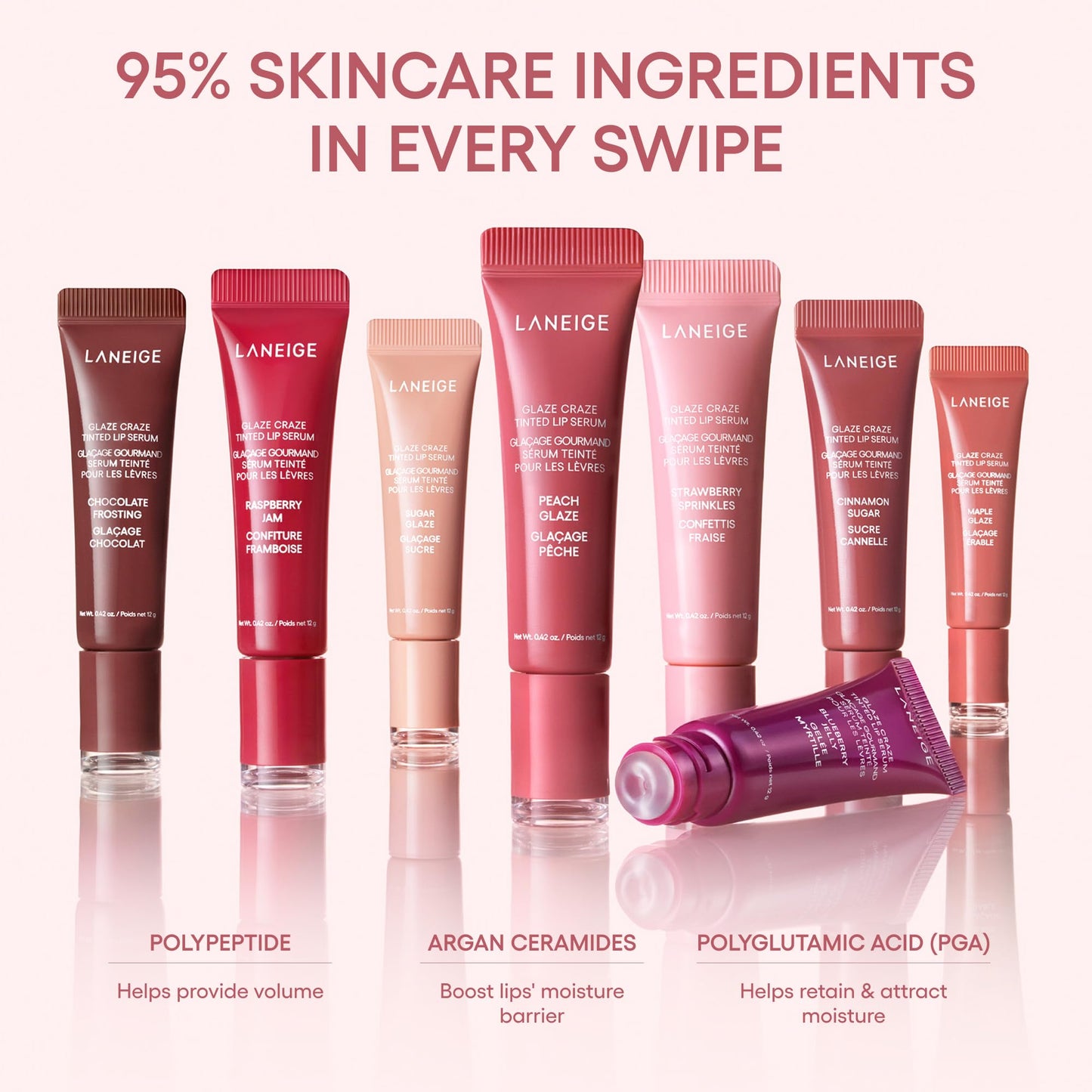 LANEIGE Glaze Craze Tinted Lip Serum, Strawberry Sprinkles: Hydrating Serum for Glossy, Nourished Lips with Plumping Polypeptides, 0.42 oz