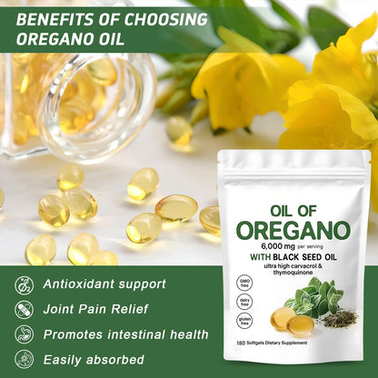 Oil of Oregano Softgels 6000mg Per Serving, 2 in 1 Formulated with Black Seed Oil 200mg, 4X Strength Carvacrol & Thymoquinone | Plant Based, Non-GMO & Immune Support (180 Count/1 Bag) - Available at All In One Marketplace Canada