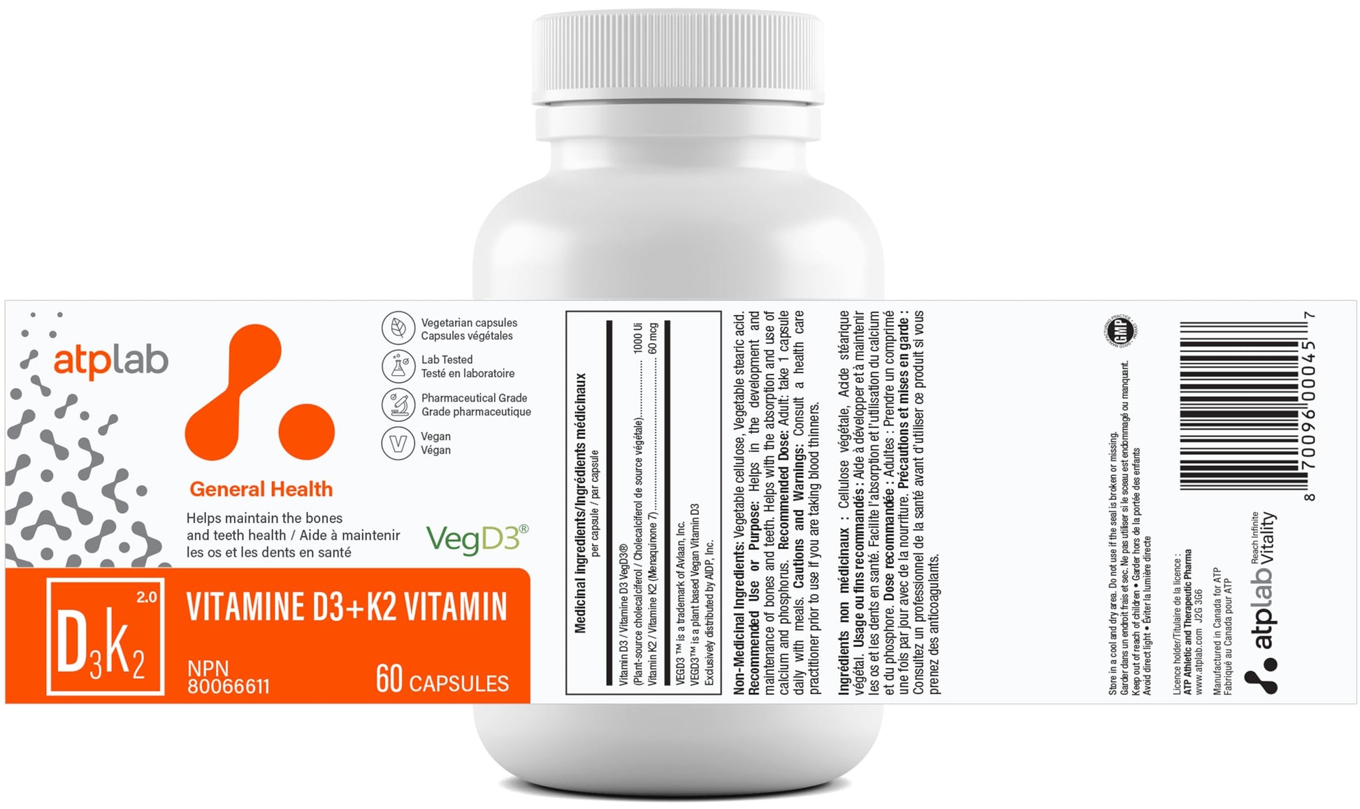 ATP LAB Vitamin D3K2 Supplement - 60 Vegetarian Capsules - 60 Day Supply - Plant-Based K2 MK-7 60 mcg & D3 1000 IU - Supports Bone & Teeth Health - Available at All In One Marketplace Canada