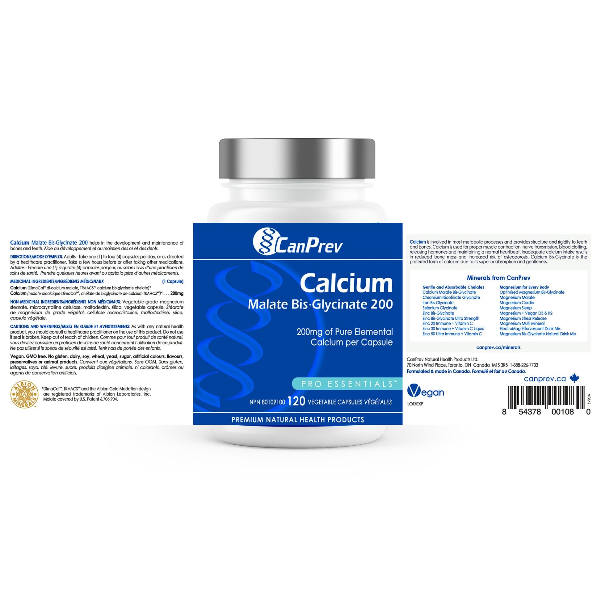 CanPrev Calcium Malate Bis-Glycinate Supplement, 120 Capsules 120-Day Supply - Therapeutic 200mg Elemental - Ideal for Healthy Bones, Teeth, Muscle Cramps and Promote Relaxation - Vegan and Non-GMO - Available at All In One Marketplace Canada