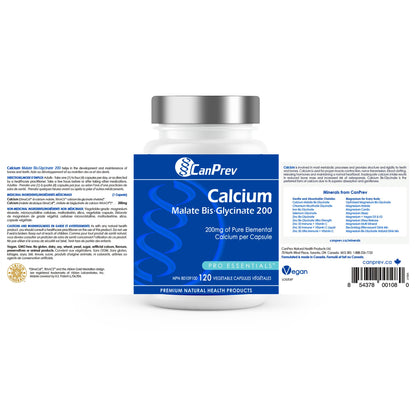 CanPrev Calcium Malate Bis-Glycinate Supplement, 120 Capsules 120-Day Supply - Therapeutic 200mg Elemental - Ideal for Healthy Bones, Teeth, Muscle Cramps and Promote Relaxation - Vegan and Non-GMO - Available at All In One Marketplace Canada