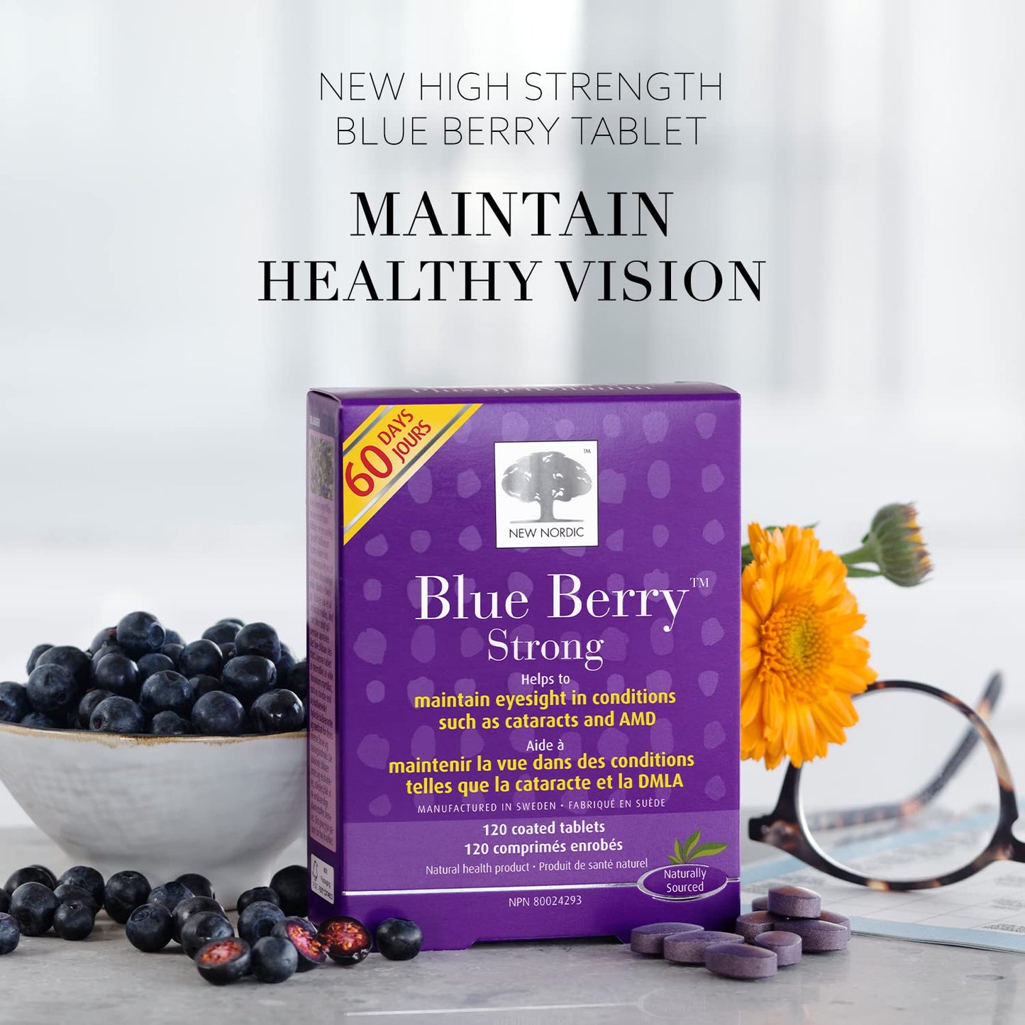 New Nordic Blue Berry Strong 120 Coated Tablets, 60-Day Supply, Vegan Eye Support Supplement with Bilberry & Lutein for Clear Vision & Macular Health - Available at All In One Marketplace Canada