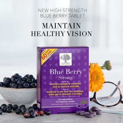 New Nordic Blue Berry Strong 120 Coated Tablets, 60-Day Supply, Vegan Eye Support Supplement with Bilberry & Lutein for Clear Vision & Macular Health - Available at All In One Marketplace Canada